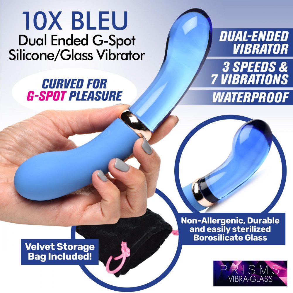 Prisms 10X Bleu Dual Ended G-Spot Silicone and Glass Vibrator